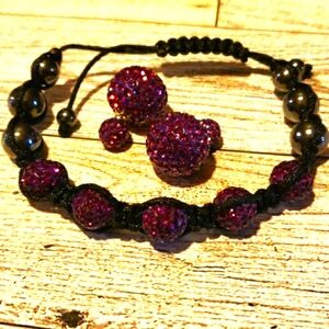 Purple Rhinestone Ball Earrings and Bracelet Set
